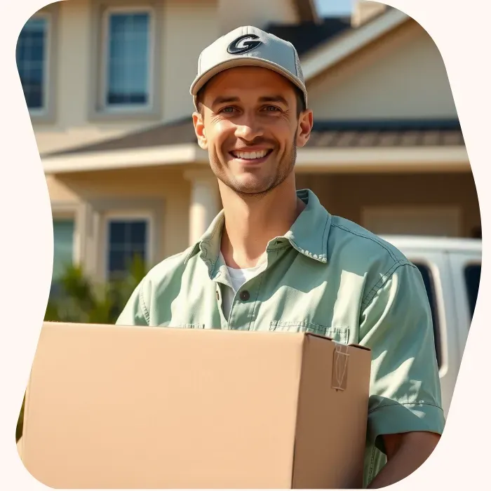 Two removalists moving boxes up stairs