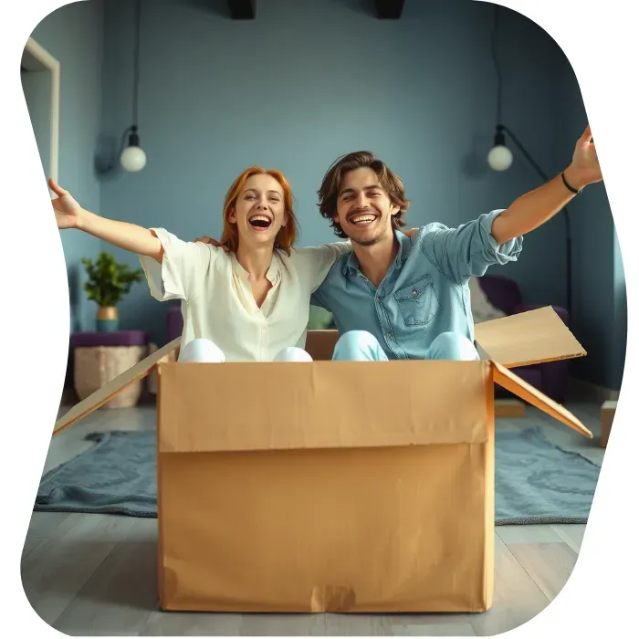 Two guys sitting on the floor of their apartment with Muval moving boxes